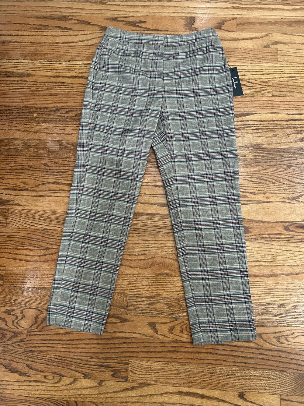 Lulu's Women’s Plaid Dress Pants - Gray/Brown with Subtle Red & Navy Lines